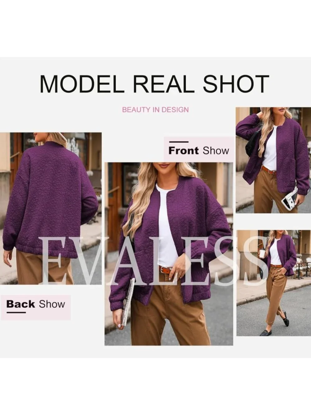 Women's Purple Lightweight Stand Collar Long Sleeve Outerwear Bomber Jacket